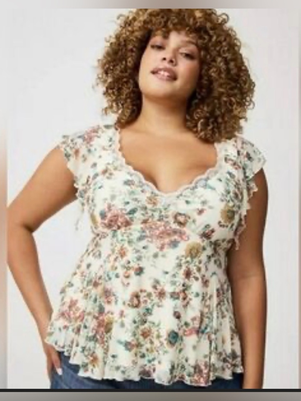 torrid Cream Floral Lace-Trim Flutter Sleeve Smocked Peplum Top
